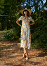 Lemon Print Maxi Dress with Puff Sleeves and Slit - By Quaint